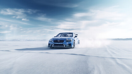 A virtual reality experience of driving a race car on a frozen lake. - obrazy, fototapety, plakaty