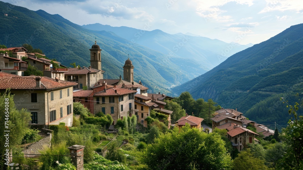 Poster a village in the middle of a valley with a mountain range in the back ground and a mountain range in