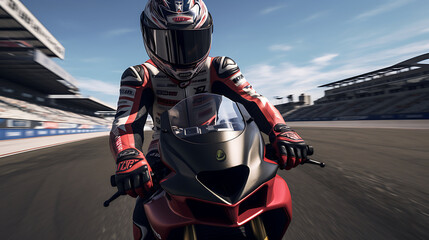A virtual reality experience of riding a superbike on a race circuit.