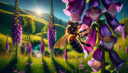 Vibrant Sunlit Meadow with Bee Pollinating Purple Foxgloves - obrazy, fototapety, plakaty