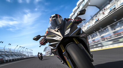 A virtual reality experience of riding a superbike on a race circuit. - obrazy, fototapety, plakaty