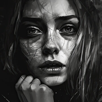 Black and White Depiction of Depression, Woman Looking Sad Face Close Up