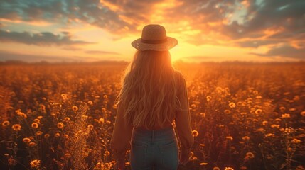  a woman standing in a field of sunflowers with the sun setting behind her and her back turned to the camera, with the sun shining through the clouds. - obrazy, fototapety, plakaty