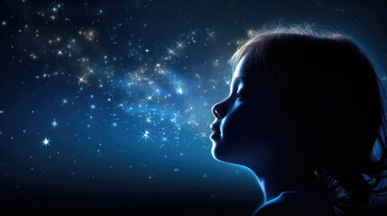 Little girl profile with imaginary world, dreams in her head, stars and space - obrazy, fototapety, plakaty