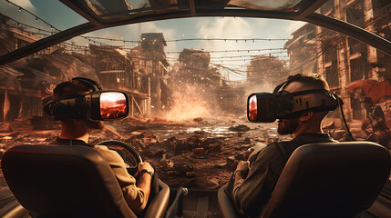 A virtual reality simulation of a car race in a post-apocalyptic setting. - obrazy, fototapety, plakaty