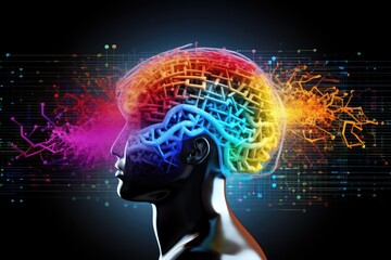 Obraz premium Nebula Neural Colorful Brain Cell Energy Connections, Brain Dots Pattern Neuronal Network, Vibrant Digital Art Microscopic Mycelium Membran, Colored DNA background and motley radiant medical Wallpaper