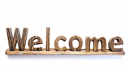 On a white background, a three-dimensional inscription made of wooden letters: "Welcome".