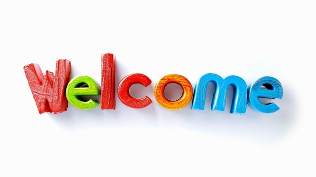 On a white background, the inscription "Welcome" in colorful three-dimensional letters.