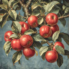 Apples on tree ready to harvest, botanical image vintage style on green wallpaper background