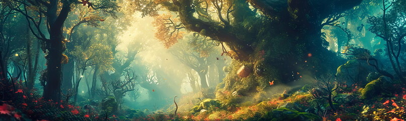 enchanted watercolor forest with fairy-tale creatures, wise old trees, playful spirits.