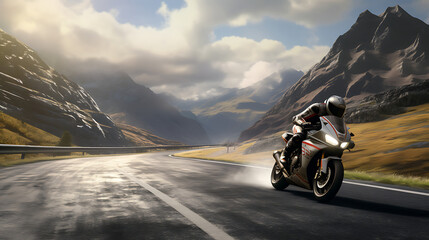 A virtual reality simulation of a motorcycle race on a mountain road.