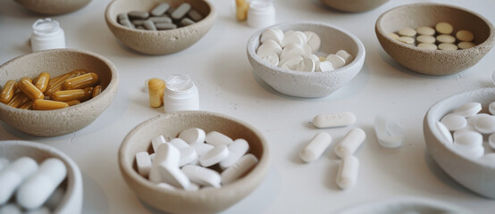 Assorted supplements and medications thoughtfully presented in earthenware dishes, a blend of healthcare and nature