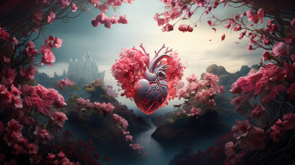 Valentines day whimsical surreal heart in full pink bloom spring landscape