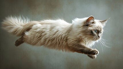 a regal Ragdoll cat gracefully leaping through the air, showcasing its agility and athleticism during playtime