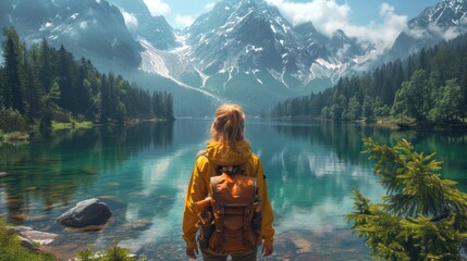  a woman in a yellow jacket is looking at a lake with mountains in the background and trees in the foreground, with a backpack on her back, and a backpack in the foreground.