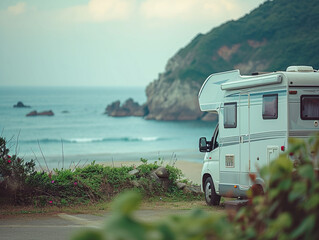 camping van on the beach - obrazy, fototapety, plakaty
