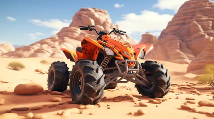 Fotobehang An orange ATV racing in a desert terrain. © Muhammad