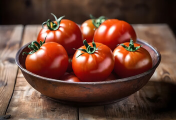 Bowl of tomatoes on a wooden rusty table.