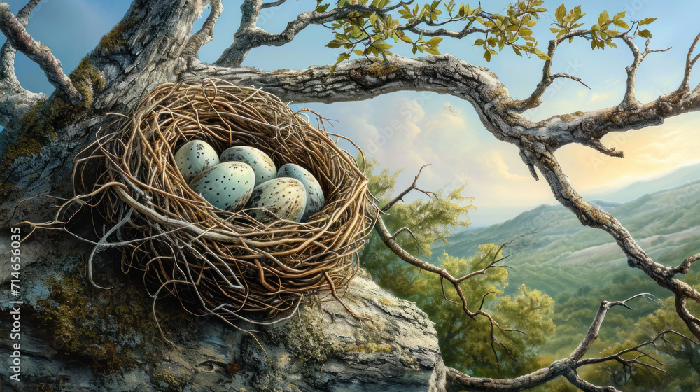 Poster a painting of a bird's nest with four eggs in the nest on top of a tree branch with a mountain view 