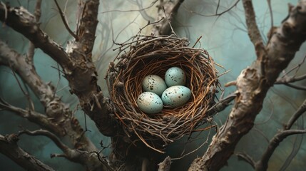 Naklejka na ściany i meble a bird's nest with four eggs sitting on a branch in the middle of a bare tree in front of a foggy, blue, foggy sky.