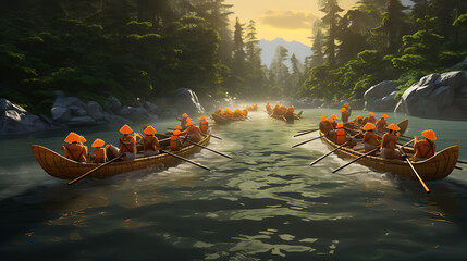 An orange canoe racing on a river. - obrazy, fototapety, plakaty