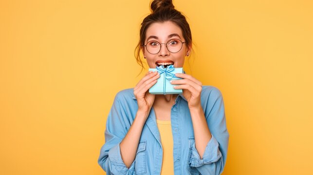 Close up young woman wears blue shirt beige t-shirt hold cover mouth with gift certificate coupon voucher card for store wink blink eye isolated on plain yellow background. People lifestyle concept