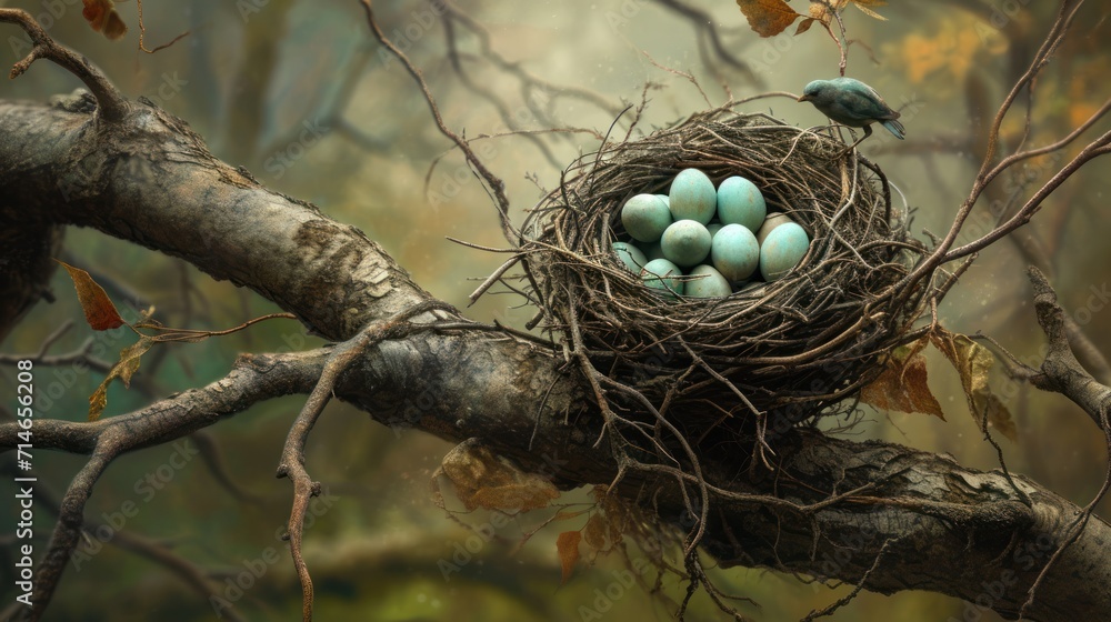 Poster a bird nest filled with blue eggs sitting on top of a tree branch in the middle of a forest filled w