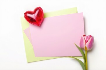 paper envelope with blank greeting card for valentines day with heart shape, confetti, flowers tulip and decoration on white paper background Valentine's Day, women day 
