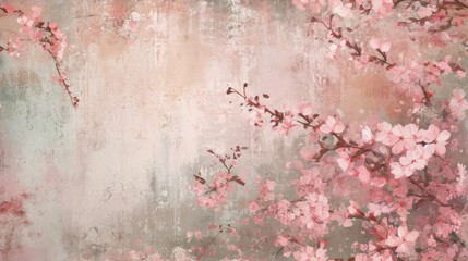  a painting of pink flowers in front of a gray wall with a pink and white painting of a branch of a blossoming tree in front of a gray and pink background.
