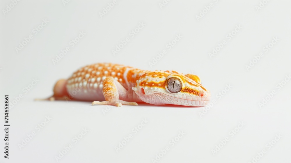 Poster a close up of a small orange and white gecko on a white background with a reflection of the gecko on