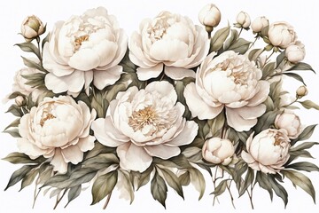 watercolor white peonies, designs for cards and invitations, flowers on white background