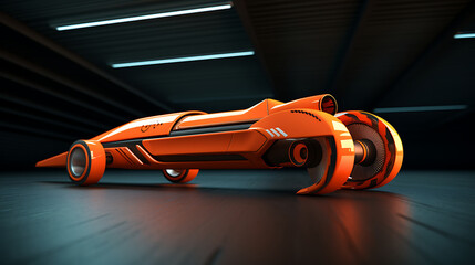 An orange rocket-powered skateboard on a racecourse. - obrazy, fototapety, plakaty