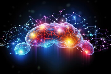 Naklejka na ściany i meble human brain colorful neuronal fire colored neuronal network Kaleidoscopic, short long term memory, Vivid Motley Neon 3D Rendering, Creative mind processing stimuli, brain's neurons fire, deep learning