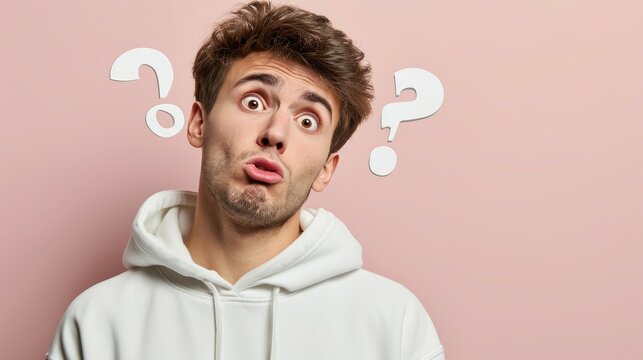 a magazine cover, minimalist photo, a man of 25 years old, wearing sweatshirt, question symbol, question gesture, worried FACE EXPRESSION, solid color, background, Arri style, clean background 