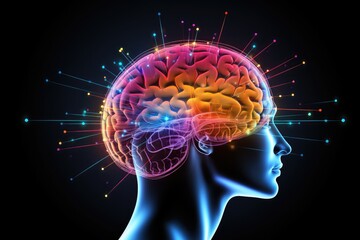 Obraz premium human brain colorful neuronal fire colored neuronal network Kaleidoscopic, short long term memory, Vivid Motley Neon 3D Rendering, Creative mind processing stimuli, brain's neurons fire, deep learning