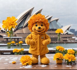 A toy lion and flowers in front of the Sydney Opera House
