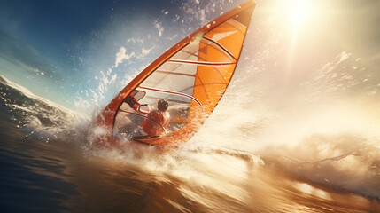 An orange windsurfing board in a high-speed race. - obrazy, fototapety, plakaty