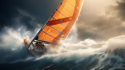 An orange windsurfing board in a high-speed race. - obrazy, fototapety, plakaty