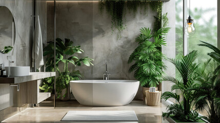 Interior design in urban jungle style. Modern bathroom decorated with green tropical plants and wicker home decor elements. Freestanding white tub, shower space and wash basin inside bohemian restroom