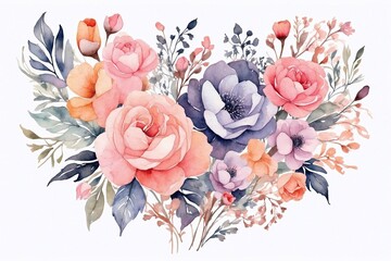 bouquet of watercolor flowers in form of heart, Valentine's Day, colorful watercolour designs for cards and invitations