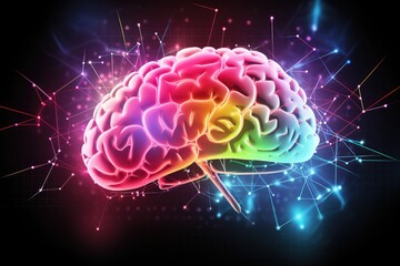 human brain colorful neuronal fire colored neuronal network Kaleidoscopic, short long term memory, Vivid Motley Neon 3D Rendering, Creative mind processing stimuli, brain's neurons fire, deep learning