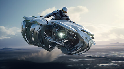 A futuristic silver hoverbike race in a sci-fi setting. - obrazy, fototapety, plakaty