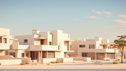 Modern luxury house in the desert on a sunny day with blue sky.