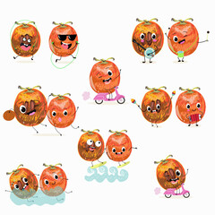 Cute cartoon persimmon characters set, collection. Flat vector illustration. Activities, playing musical instruments, sports, funny fruits, berries, berry.
