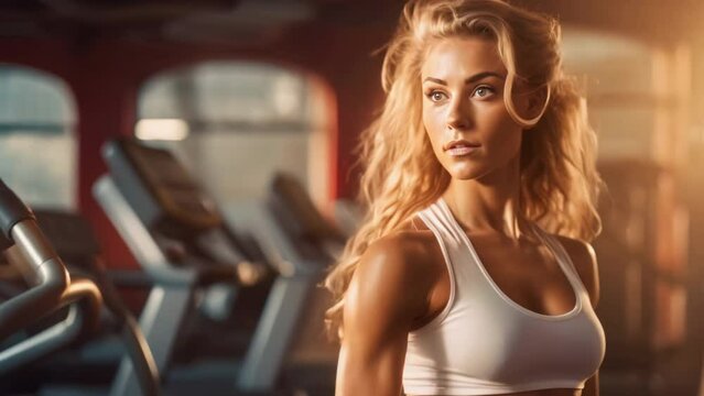 Portrait beautiful blond young tired and sweaty woman look at camera with serious face. Close up pretty girl sportswoman rest after physical training. Sport gym background. Fitness trainer workout.
