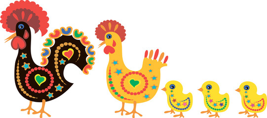 Bright cartoon rooster, hen and chicks. Print for T-shirt, fabric. Illustration on a transparent background. 