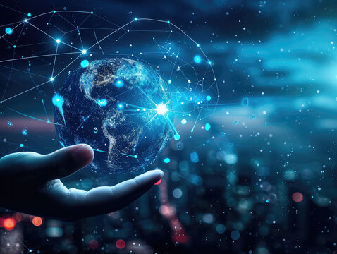 hand touching global network and data exchanges over the world 3D rendering, network city background. Internet concept. Technology Ai for science, business, innovation