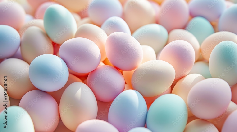 Poster a pile of pastel colored eggs on a pink and blue background with a soft focus on one of the eggs and
