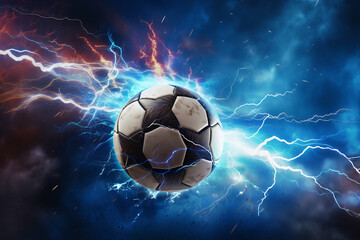 Fototapeta premium soccer ball with flames and lightning flying on night sky, dark blue background