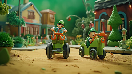 A green tricycle racing in a playground. - obrazy, fototapety, plakaty